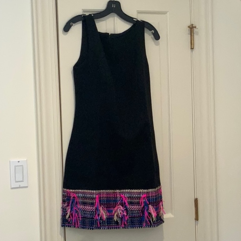 Millie Couture Black dress with multi color fringe trim, size 4, NWT